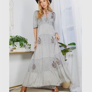 Boho Gray Maxi Dress with Embroidered Accents